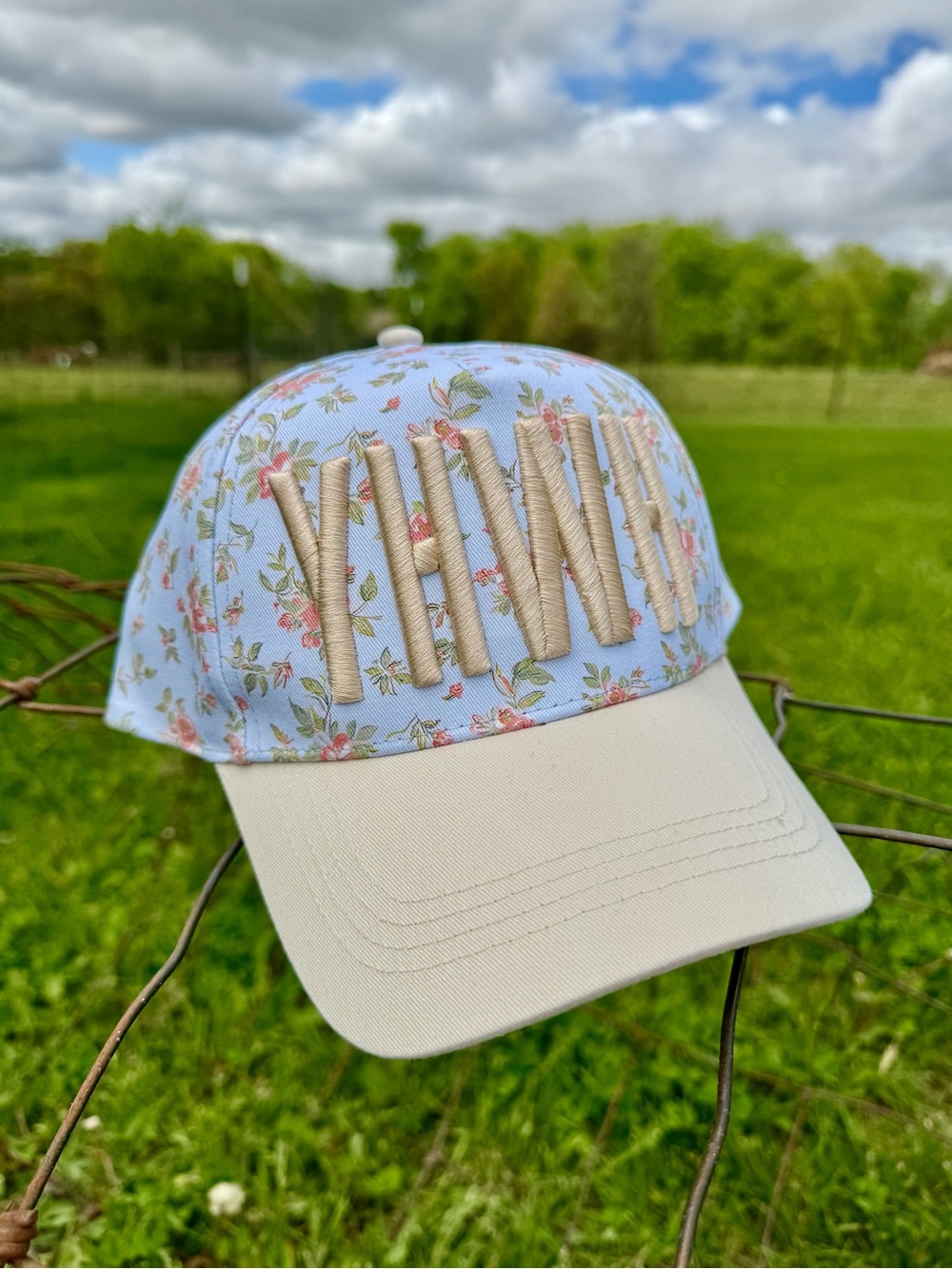 Floral 'YHWH' Embroidered Cap - Light Blue & Cream